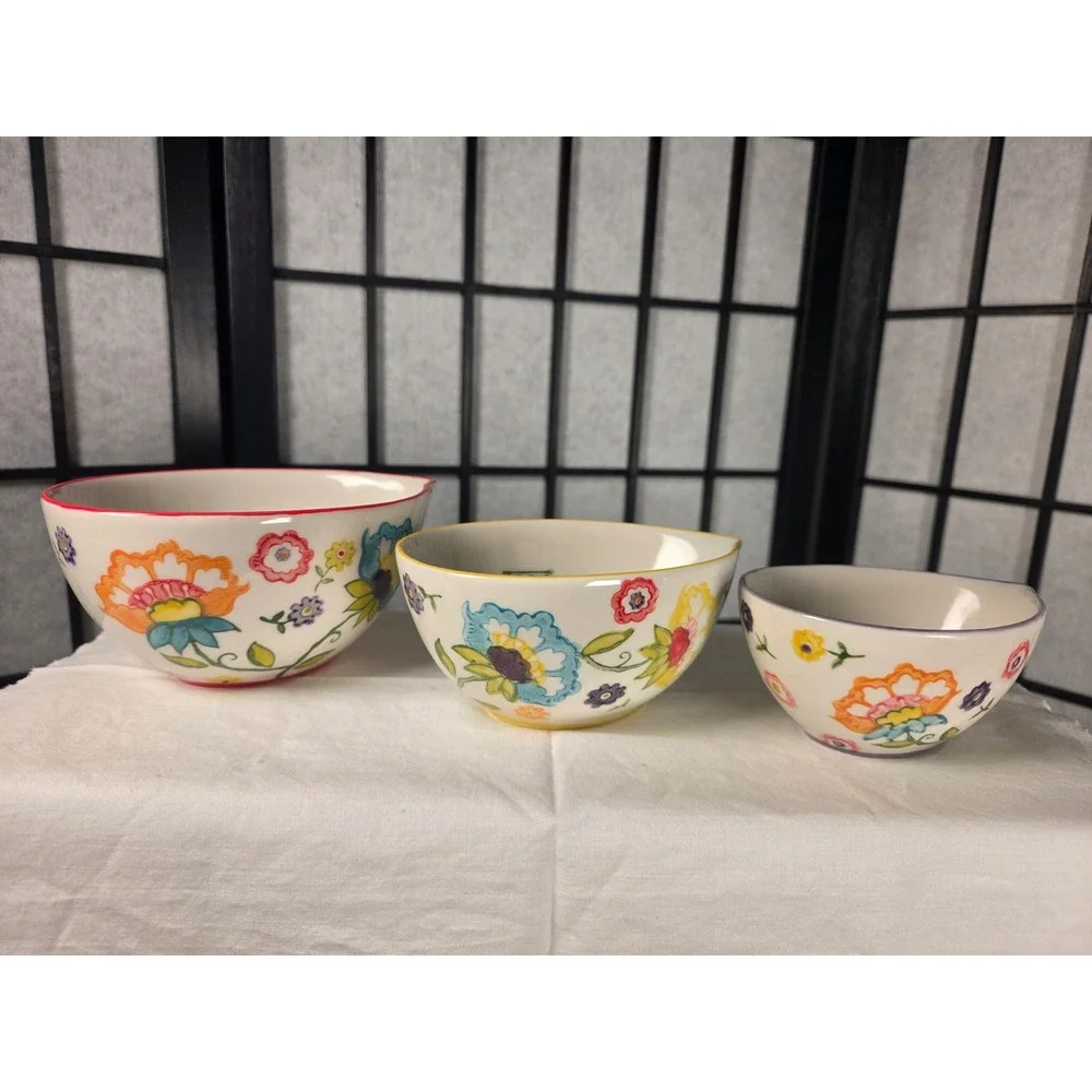 Pier 1 Imports Floral Hand Painted Stoneware Measuring Prep Bowls Set of 3
